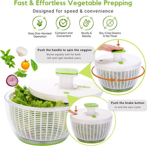 Brieftons QuickPush Salad Spinner: Large 6.3-Quart Vegetable Washer Dryer Strainer Drainer, Easy One-Handed Handle & Brake, Fast Spin Cycles, Compact Storage, to Wash, Clean & Dry Vegetables, Fruits