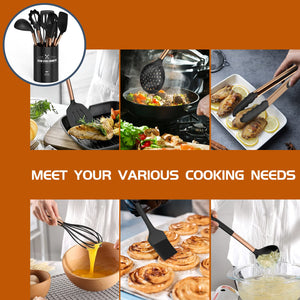 Silicone Cooking Utensil Set, Umite Chef 15pcs Silicone Cooking Kitchen Utensils Set, Non-stick - Best Kitchen Cookware with Stainless Steel Handle - Black