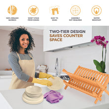 Load image into Gallery viewer, Dish Drying Rack - Collapsible 2-Tier Bamboo Dish Rack for Kitchen Counter, Wooden Dish Drainer with Foldable Space-Saving Design - Drying Rack for Dishes, Plates, and Cups