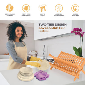 Dish Drying Rack - Collapsible 2-Tier Bamboo Dish Rack for Kitchen Counter, Wooden Dish Drainer with Foldable Space-Saving Design - Drying Rack for Dishes, Plates, and Cups
