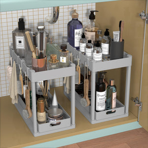 2PC Under Sink Organizer Rack 2 Tier Under Sliding Cabinet Basket Organizer Drawer with 4 Hooks, Multi-purpose Under Sink Storage for Bathroom Kitchen Desktop（Black）