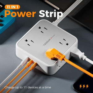 Surge Protector Flat Extension Cord Flat Plug Power Strip, 8 AC Outlets, 3 USB Charger(1 USB C Port) 3-Sided Outlet Extender, 5 Ft, 900 Joules Protection, Office Supplies, Dorm Room Essentials, Grey