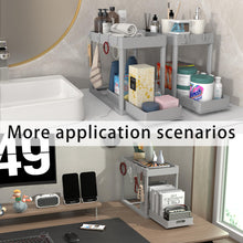 Load image into Gallery viewer, 2PC Under Sink Organizer Rack 2 Tier Under Sliding Cabinet Basket Organizer Drawer with 4 Hooks, Multi-purpose Under Sink Storage for Bathroom Kitchen Desktop（Black）