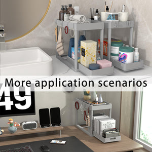 2PC Under Sink Organizer Rack 2 Tier Under Sliding Cabinet Basket Organizer Drawer with 4 Hooks, Multi-purpose Under Sink Storage for Bathroom Kitchen Desktop（Black）