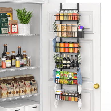 Over The Door Pantry Organizer, 7-Tier Metal Pantry Organization and Storage for Kitchen with Adjustable Shelves, Hanging Spice Seasoning Rack, Black