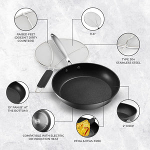 Belwares Nonstick Frying Pan with Spatula & Lid - 10 Inch Non Stick Skillet Egg Frying Pan - Lightweight Aluminum Hard-Anodized Fry Pan for Kitchen Cooking with Gas, Electric, Oven or Induction