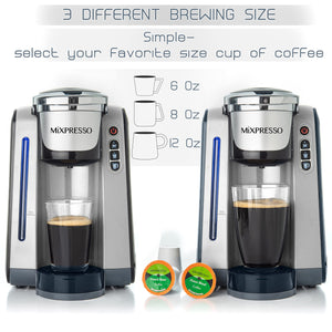 Mixpresso Single Serve Coffee Brewer K-Cup Pods Compatible & Ground Coffee, 30 oz Compact Coffee Maker Single Serve With 5 Brew Sizes Up To 14 Oz, Fits Travel Mug, Adjustable Drip Tray, Black