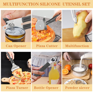 Silicone Cooking Utensil Set, Umite Chef 43 PCS Heat Resistant Kitchen Utensil Gadgets Set-Stainless Steel Handle- Kitchen Spatula Tools for Nonstick Cookware, Pots and Pans Accessories (Khaki)