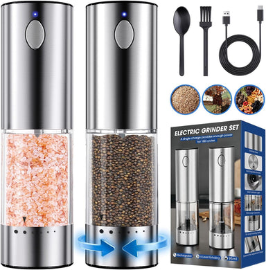 HomeHacks 2 Pack Upgraded 95ml Rechargeable Electric Salt and Pepper Grinder Set, 6 Adjustable Coarseness, High-Grade Stainless Steel, Type-C Charging, LED Light, Silver
