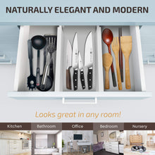 Load image into Gallery viewer, Large Kitchen Drawer Organizer - Expandable Bamboo Drawer Dividers (17&quot; - 21.5&quot;) - Adjustable Separators for Kitchen, Clothes, Dresser, Bedroom, Bathroom, and Desk Drawers - 6 Pack