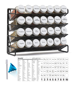 SpaceAid Spice Rack Organizer with 28 Spice Jars, 386 Spice Labels, Chalk Marker and Funnel Set for Cabinet, Countertop, Pantry, Cupboard or Door & Wall Mount - 28 Jars, 13.4" W × 10.8" H, Black