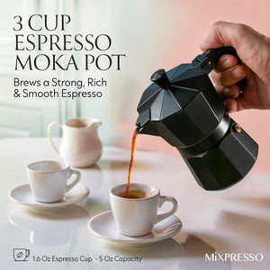 Mixpresso 3 Cup Moka Pot Coffee Maker for Gas, Electric Stove Top, Classic Italian Espresso Maker, Stovetop for Camping, Makes 5 Oz Cuban Coffee