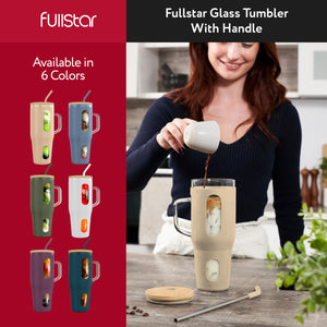 fullstar Glass Cups with Lids and Straws - Drinking Glasses, Glass Tumbler with Straw and Lid, Iced Coffee Cup with Bamboo Lids (Nude, 1 Pack)