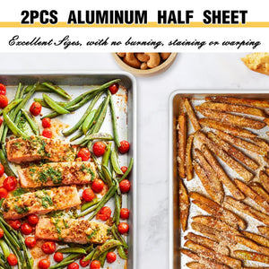 Commercial Quality Baking Sheet Pan Set, Natural Aluminum Cookie Sheet, Umite Chef Warp Resistant Nonstick Baker's Half Sheet Pan, Large Thick Cookie Tray Pans for Baking, Roasting(2 Pack, 18X13In)