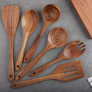 Wooden Cooking Utensils Set 4-Piece Wood Kitchen Utensil Set for Non Stick Cookware Wooden Spatula,Fork,Turner,Ladle,Strainer Spoons