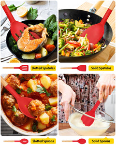Pack of 4 Silicone Cooking Utensils Set, Non Stick Solid Spatulas and Heat Resistant Slotted Spoons with Wooden Handle, Ideal Wood Kitchen Utensils Set for Frying,Serving,Turning,Stirring (KHAKI)