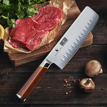 Load image into Gallery viewer, Nakiri Knife 7 Inch, Hand Forged Japanese Super Steel Chef Knife, Multipurpose Meat and Vegetable Kitchen Knife with Red Sandal Wooden Handle &amp; Gift Box