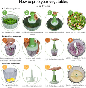 Brieftons Salad Spinner and Chopper: Large 6.3-Quart Lettuce Greens Vegetable Washer Dryer, with Bonus 0.95-Quart Veggie Chopper Mixer, Compact Storage, Easy Push Operation for Quick Veggie Prepping