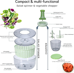 Brieftons Salad Spinner and Chopper: Large 6.3-Quart Lettuce Greens Vegetable Washer Dryer, with Bonus 0.95-Quart Veggie Chopper Mixer, Compact Storage, Easy Push Operation for Quick Veggie Prepping