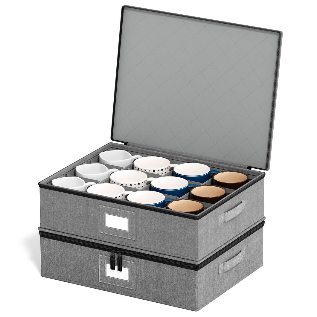 SpaceAid China Storage Containers 6 Pack, Stackable Hard Shell Quilted Cases with Soft Plate Separators, Moving Supplies Packing Boxes for Dishes, Plates, Platters, Mugs, Cups (Grey)