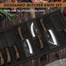 Load image into Gallery viewer, Butcher Knife Set, Hand Forged Butcher Chef Knife Set with Roll Bag, Sharp Meat Cleaver Knife &amp; Bone Chopper Knives &amp; Fillet Knives for Home &amp; Camping &amp; BBQ Gift for Men
