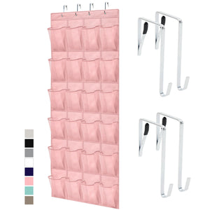 Over the Door Shoe Organizer, 24 Large Breathable Mesh Pockets, Space Saving Hanging Storage Holder, Closet Rack Hanger Holds Up to 40 lbs, Hangs on Closets for Shoes, Accessories, Black