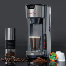 Load image into Gallery viewer, Mixpresso Single Serve Coffee Brewer K-Cup Pods Compatible &amp; Ground Coffee, 30 oz Compact Coffee Maker Single Serve With 5 Brew Sizes Up To 14 Oz, Fits Travel Mug, Adjustable Drip Tray, Black