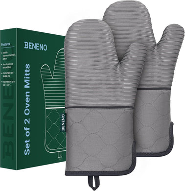Beneno Non-Slip Silicone Textured Cotton Oven Mitts, Heat Resistant up to 500° F, Flexible Grip with 14.3