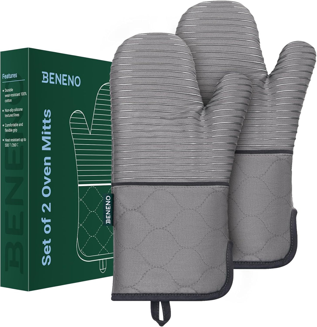 Beneno Non-Slip Silicone Textured Cotton Oven Mitts, Heat Resistant up to 500° F, Flexible Grip with 14.3