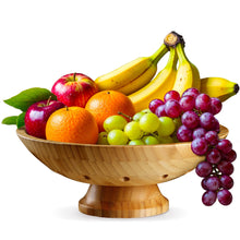 Load image into Gallery viewer, Bambüsi Fruit Bowl - 11&quot; Large Brown Wooden Pedestal Bowl for Kitchen Counter &amp; Dining Table Centerpiece, Premium Bamboo Wood Fruit Basket &amp; Banana Holder for Fresh Produce, Bread &amp; Home Decor