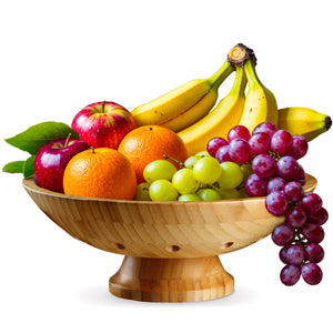 Bambüsi Fruit Bowl - 11" Large Brown Wooden Pedestal Bowl for Kitchen Counter & Dining Table Centerpiece, Premium Bamboo Wood Fruit Basket & Banana Holder for Fresh Produce, Bread & Home Decor