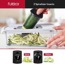 Load image into Gallery viewer, Mandoline Slicer for Kitchen, Fruit Cutter, Cheese Grater, Cucumber Slicer, Veggie Spiralizer, Food Cutter &amp; Kitchen Gadgets with Safety Glove (6 in 1, White)