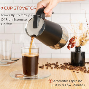 Mixpresso 9 Cup Greca Stovetop Espresso Maker 450ml/15oz, Moka Pot with Coffee Percolator Design, Stainless Steel Stove Top Coffee Maker for Camping or Home Use, Italian Coffee Maker Stovetop