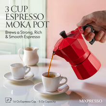 Load image into Gallery viewer, Mixpresso 3 Cup Moka Pot Coffee Maker for Gas, Electric Stove Top, Classic Italian Espresso Maker, Stovetop for Camping, Makes 5 Oz Cuban Coffee