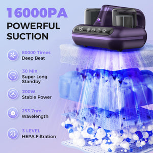 Mattress Vacuum Cleaner - 5-in-1 Cordless Bed Vacuum Cleaner, Powered by UV-C Light & Ultrasonic Technology, 16Kpa Strong Suction,Low Noise,Suitable for Dust, Pet Hair, Etc.