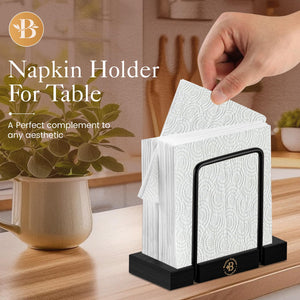 Napkin Holder for Table - Modern Black Napkin Dispenser, Bamboo and Iron Design, Non-Slip, Suitable for Kitchen, Dining, Farmhouse, Cocktail, Picnic, Bar, Outdoor Use - Holds Paper Napkins, Mail, Bill