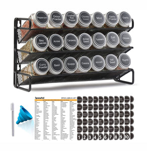SpaceAid Spice Rack Organizer with 28 Spice Jars, 386 Spice Labels, Chalk Marker and Funnel Set for Cabinet, Countertop, Pantry, Cupboard or Door & Wall Mount - 28 Jars, 13.4" W × 10.8" H, Black