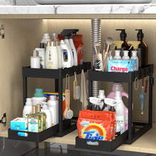 Load image into Gallery viewer, 2PC Under Sink Organizer Rack 2 Tier Under Sliding Cabinet Basket Organizer Drawer with 4 Hooks, Multi-purpose Under Sink Storage for Bathroom Kitchen Desktop（Black）