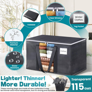 HomeHacks Extra Large Moving Bags with Visible PVC Window, Lightweight but Durable Storage Bags with Reinforced Handles, Storage Totes for Packing, Moving, Storage (93L, 6-Pack)