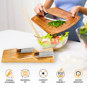 Bambüsi In-Drawer Knife Block - Bamboo Knife Drawer Organizer for Kitchen - Fits 5 Long + 6 Short Knives - Store Knives with Blades Pointing Down - Wooden Steak knife Holder without Knives