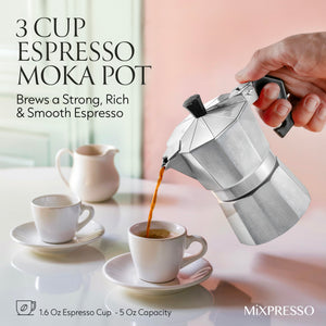 Mixpresso 3 Cup Moka Pot Coffee Maker for Gas, Electric Stove Top, Classic Italian Espresso Maker, Stovetop for Camping, Makes 5 Oz Cuban Coffee