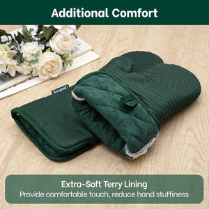 Beneno Non-Slip Silicone Textured Cotton Oven Mitts, Heat Resistant up to 500° F, Flexible Grip with 14.3"x7" Longer Protection, Durable 100% Cotton Oven Mitts for Kitchen & Barbecue, 2-Pack, Green