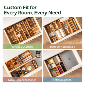 5-Piece Bamboo Drawer Organizer Set, 2.2" Deep | Multi-Use Organizers with Non-Slip Feet for Utensils, Silverware, Cutlery, Desk, Bathroom, Junk Drawer & Makeup, Non-Slip Feet Included.