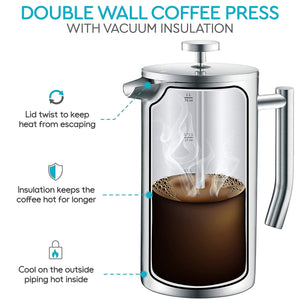 Belwares French Press Coffee Maker 50 OZ - Large Insulated Stainless Steel 304 Coffee Press with Double Wall & 4-Level Filtration System (Black - 1.5L)