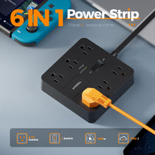 Load image into Gallery viewer, Black Surge Protector Power Strip, TESSAN Flat Plug Extension Cord 5 FT with 6 Outlets 3 USB Charger (1 USB C), 1700J Protection Multiple Outlets Charging Station for Home, Office, College Dorm Room