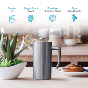 Belwares French Press Coffee Maker 50 OZ - Large Insulated Stainless Steel 304 Coffee Press with Double Wall & 4-Level Filtration System (Black - 1.5L)