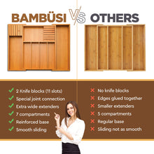 Load image into Gallery viewer, Bambüsi In-Drawer Knife Block - Bamboo Knife Drawer Organizer for Kitchen - Fits 5 Long + 6 Short Knives - Store Knives with Blades Pointing Down - Wooden Steak knife Holder without Knives