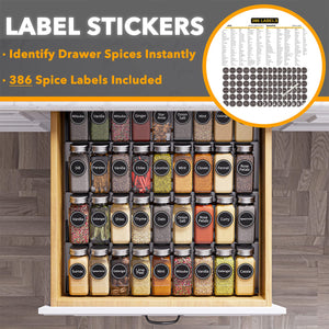 SpaceAid Spice Drawer Organizer with 28 Spice Jars, 386 Spice Labels, 4 Tier Seasoning Rack Tray Insert for Kitchen Drawers, 13" Wide x 17.5" Deep