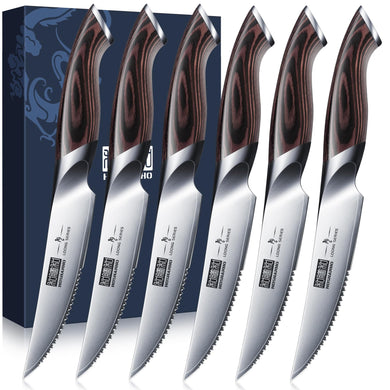 Steak Knives Set of 6, Ultra Sharp 4.5 Inch Serrated Steak Knife Set, Japanese High Carbon Steel Kitchen Steak Knives with Ergonomic Handle