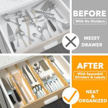 Load image into Gallery viewer, SpaceAid Bamboo Drawer Dividers with Labels, Kitchen Adjustable Drawer Organizers, Expandable Organization for Home, Office, Dressers and Bathroom, 6 Dividers (17-22 in)